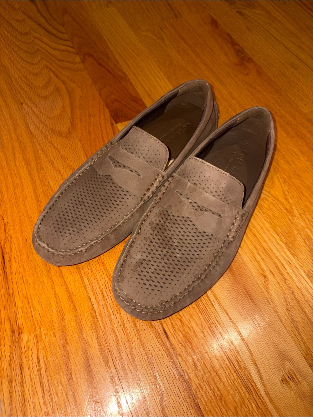 NWOT Cole Haan Men's Perforated Suede Penny Loafers - Taupe Gray